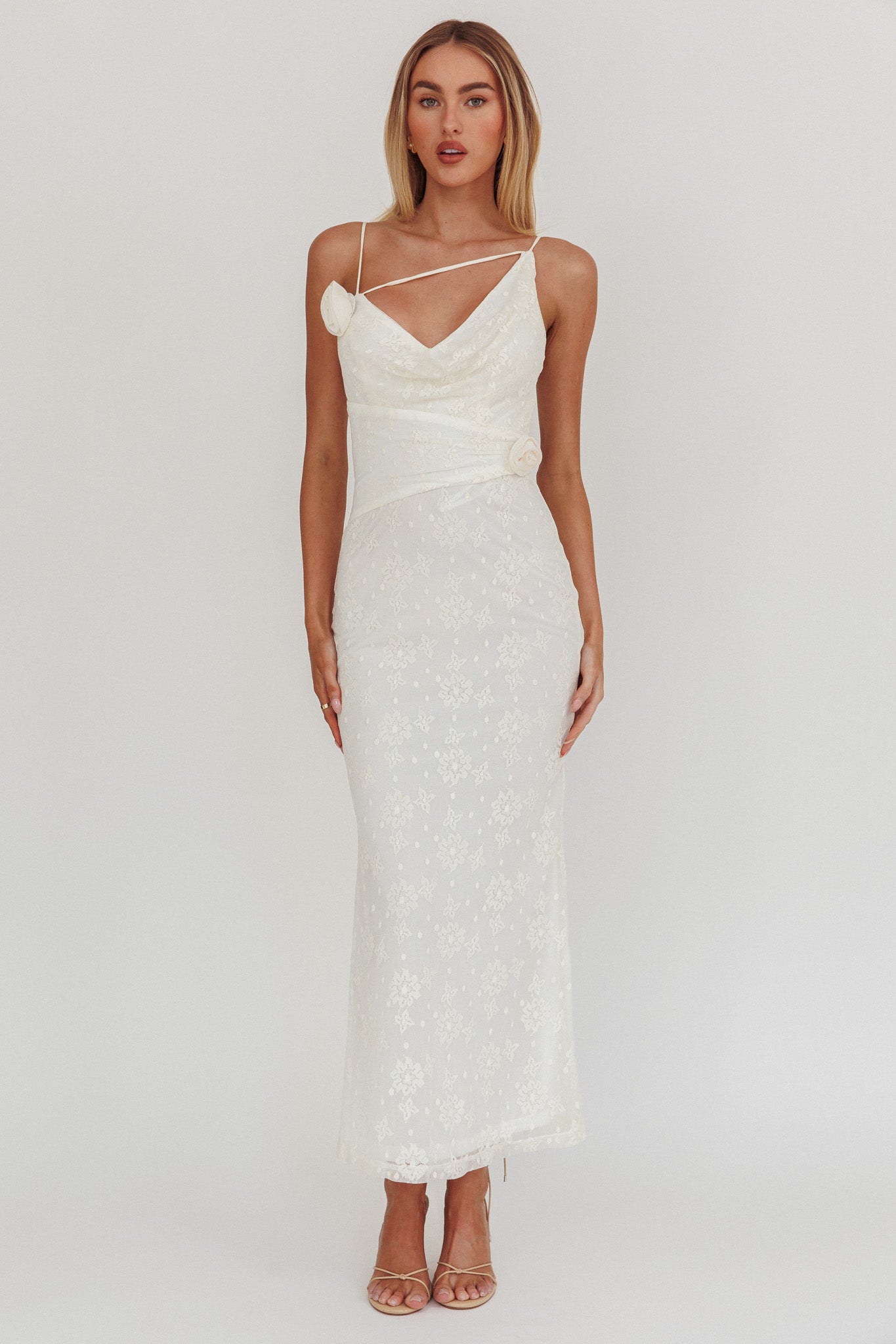 Golden Glow Rosette Cowl Neck Maxi Dress Beige by Selfie Leslie