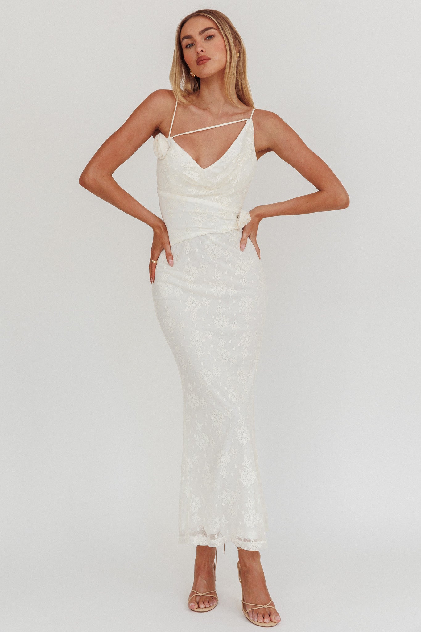 Golden Glow Rosette Cowl Neck Maxi Dress Beige by Selfie Leslie