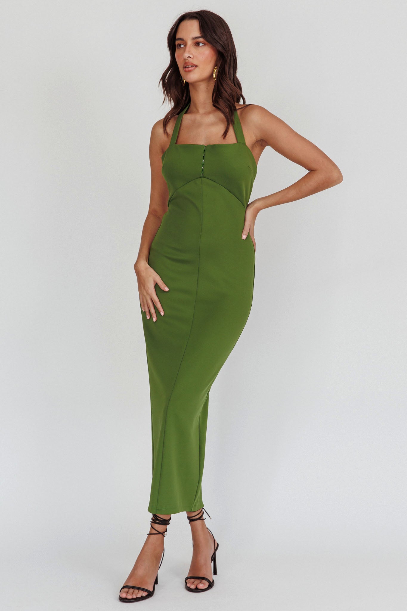 Goldfoil Halter Neck Maxi Dress Olive Goldfoil Halter Neck Maxi Dress Olive