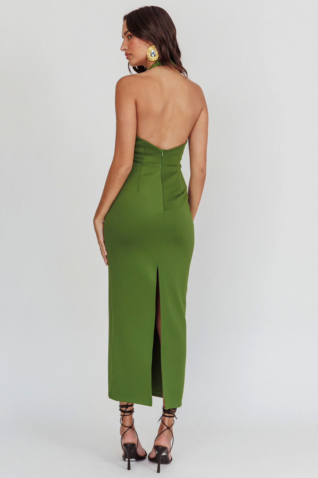 Goldfoil Halter Neck Maxi Dress Olive by Selfie Leslie