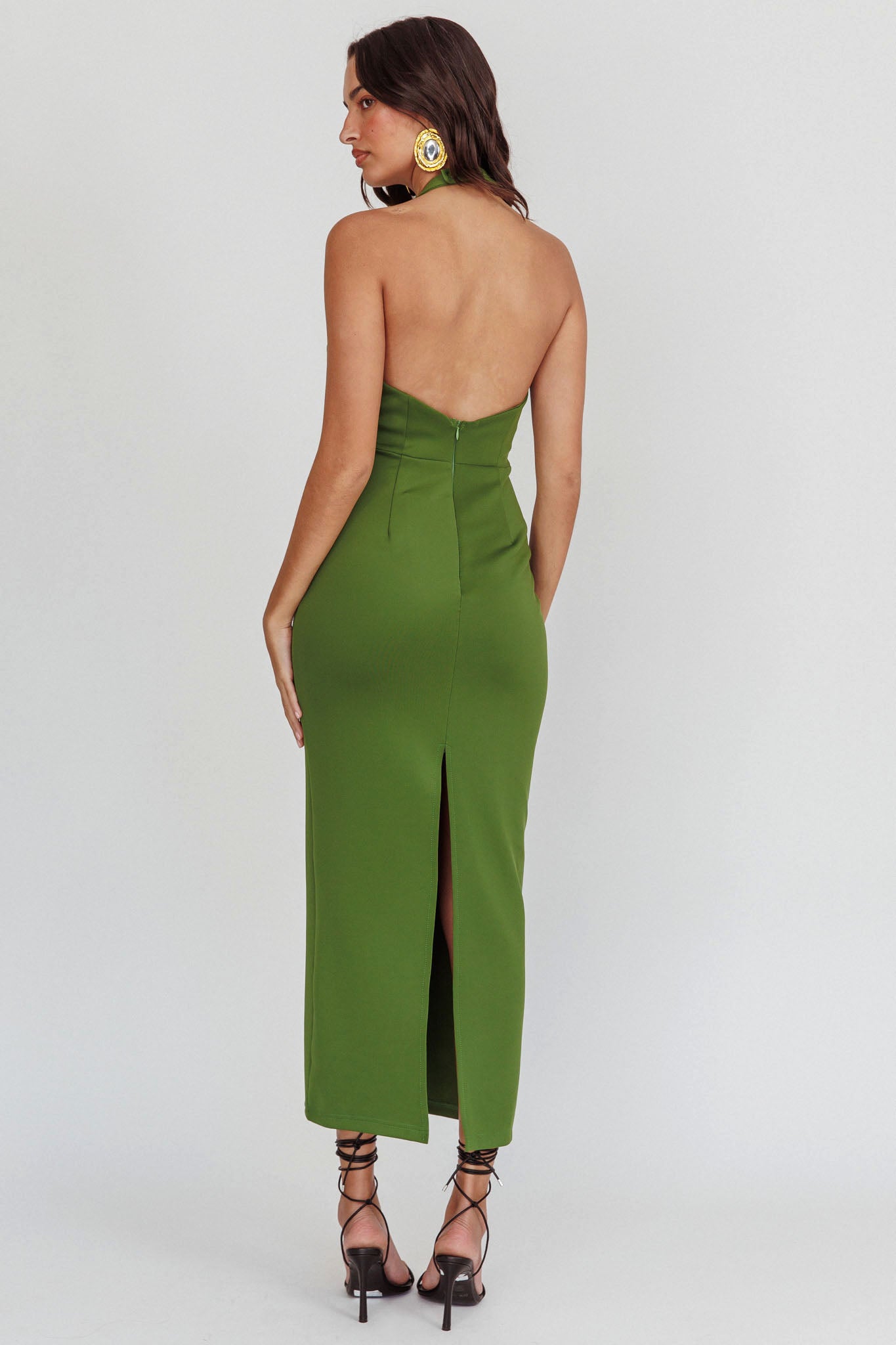 olive halter neck dress Goldfoil Halter Neck Maxi Dress Olive