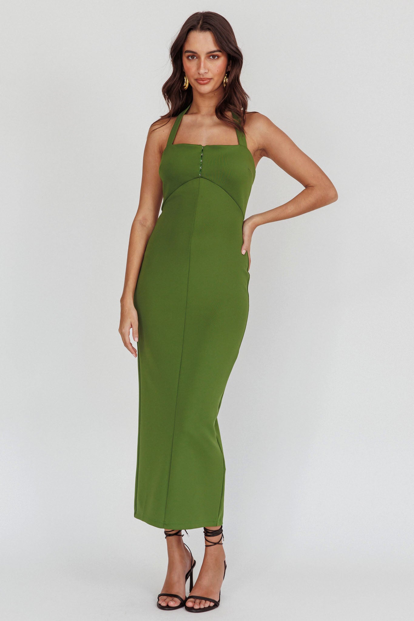 Goldfoil Halter Neck Maxi Dress Olive Selfie Leslie