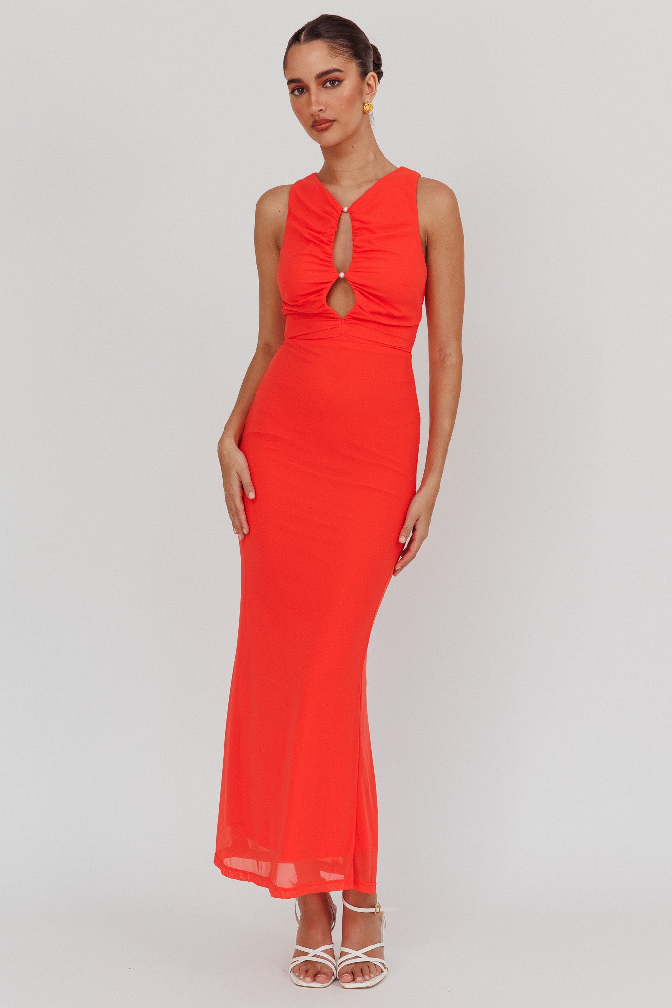 Piece Of Heaven Sleeveless Keyhole Mesh Maxi Dress Red by Selfie Leslie