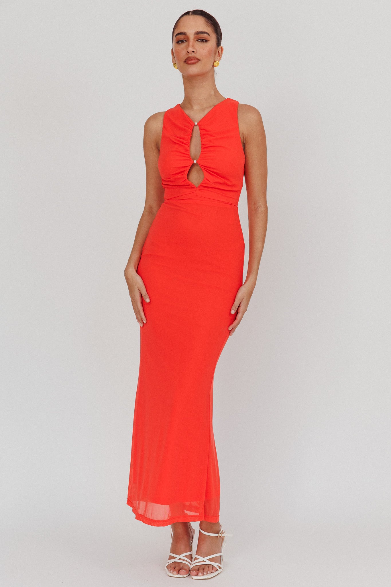 Piece Of Heaven Sleeveless Keyhole Mesh Maxi Dress Red by Selfie Leslie