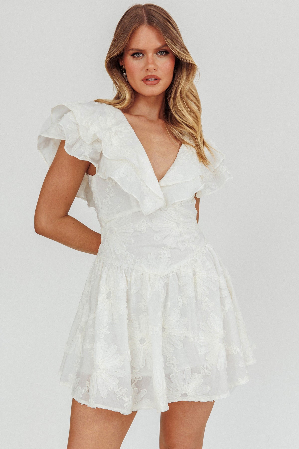 Garden Of Eden Ruffle Mini Dress White by Selfie Leslie