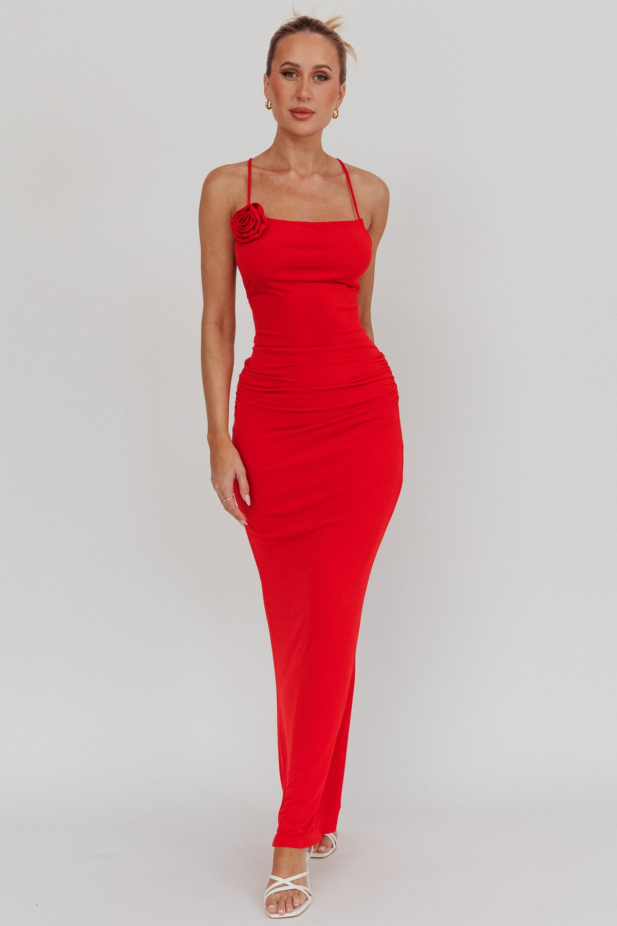 ignite evening dresses Rosette Backless Maxi Dress Cherry MATERIAL POLYESTER/SPANDEX Chime wood-embellished jersey maxi Color:NAVY-RED beige_halter_bra