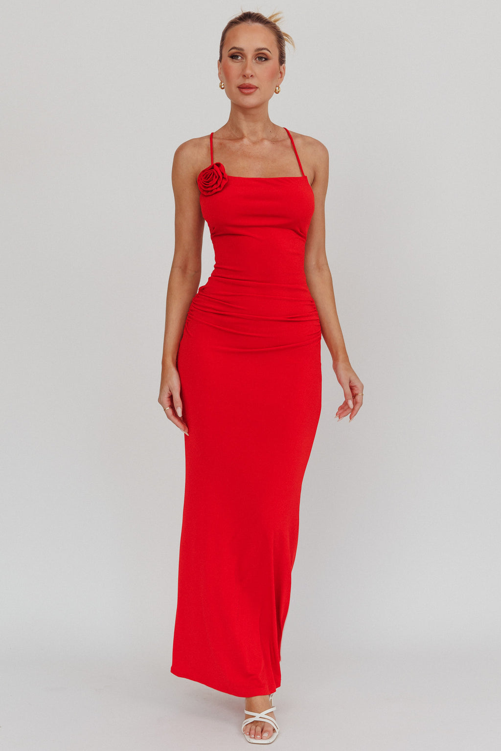 Ignite Rosette Backless Maxi Dress Cherry by Selfie Leslie