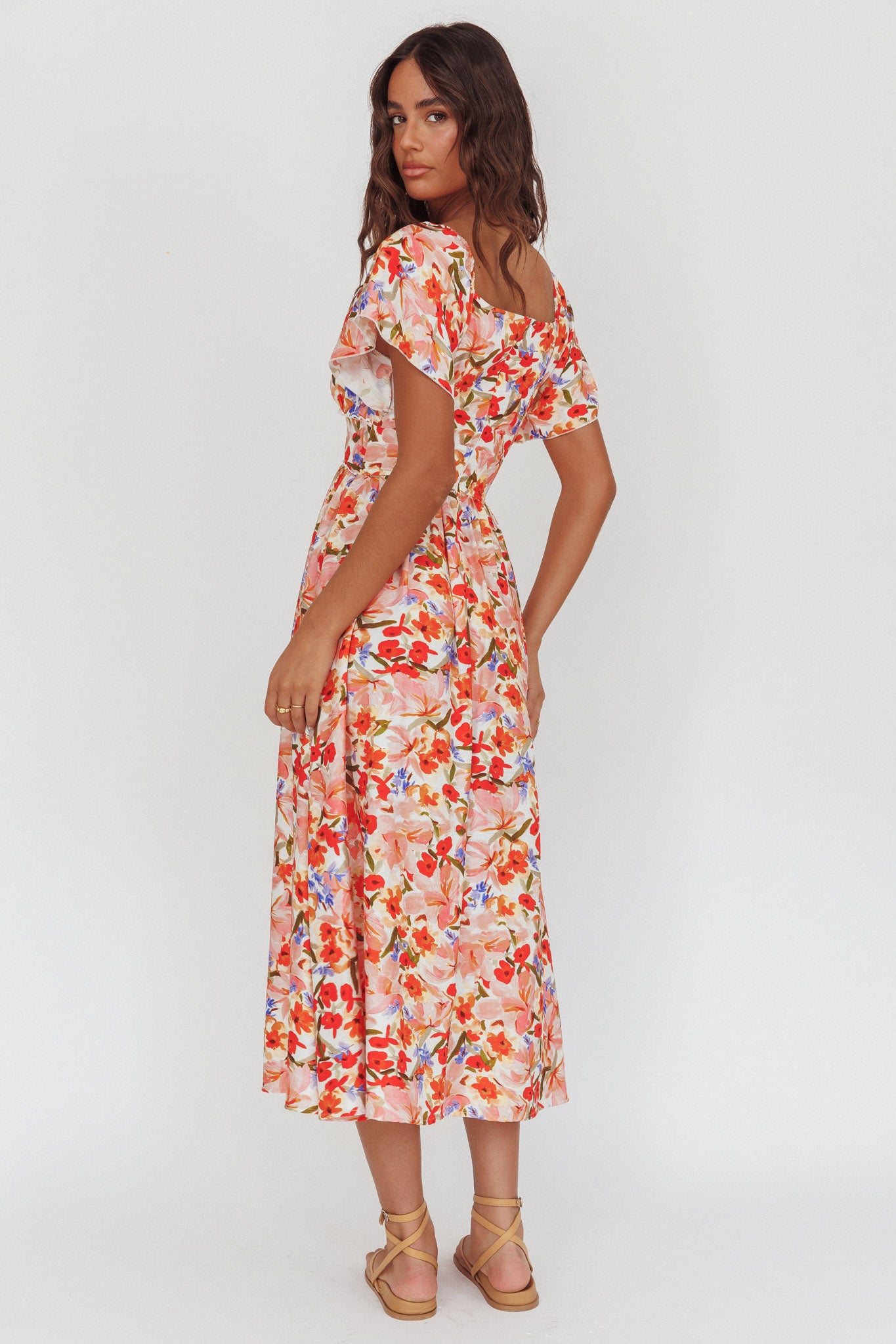 flutter sleeve floral maxi dress Flutter Sleeve Floral Bustier Maxi Dress - SMALL / White
