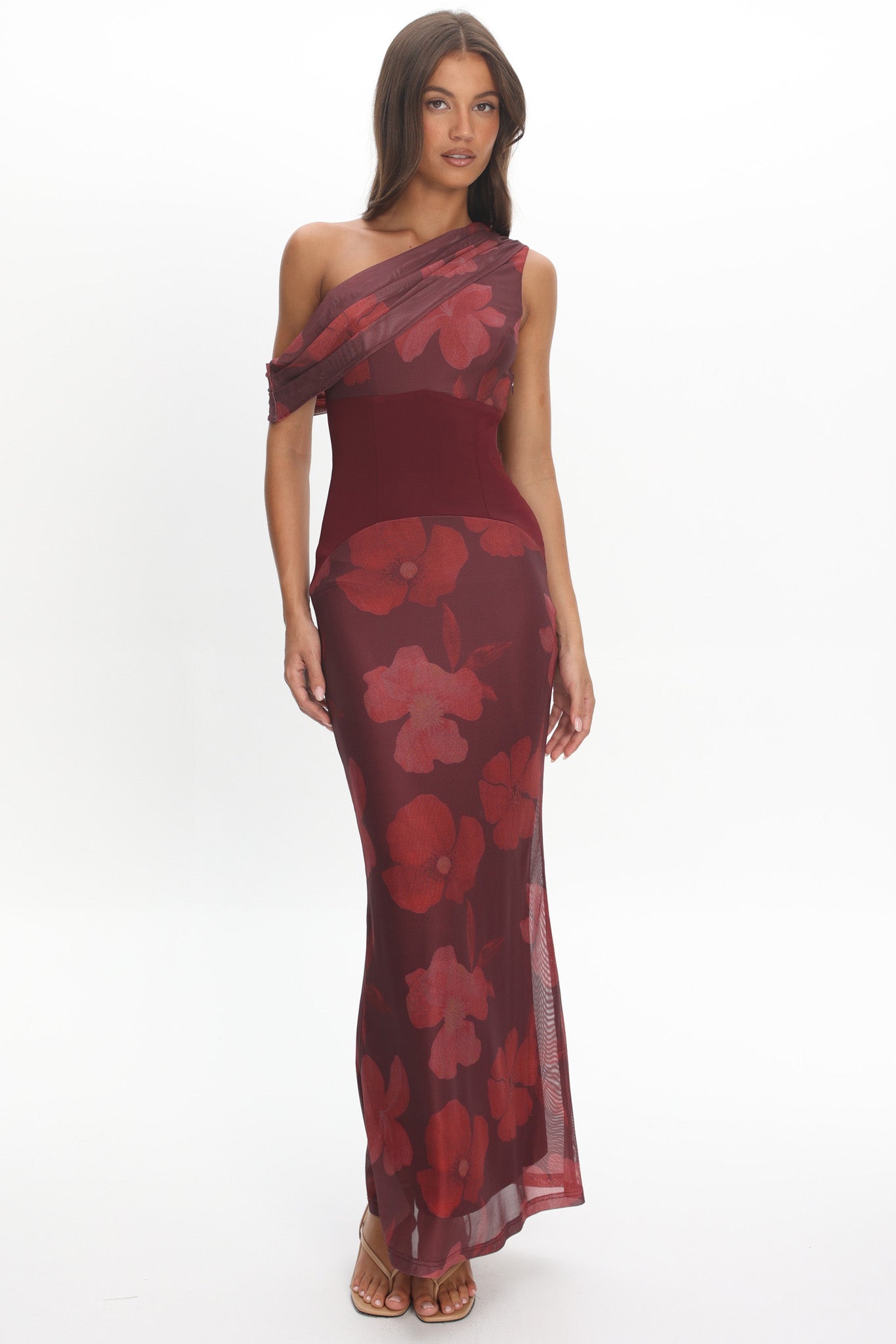 Milos Asymmetric Neckline Maxi Dress Floral Grape by Selfie Leslie