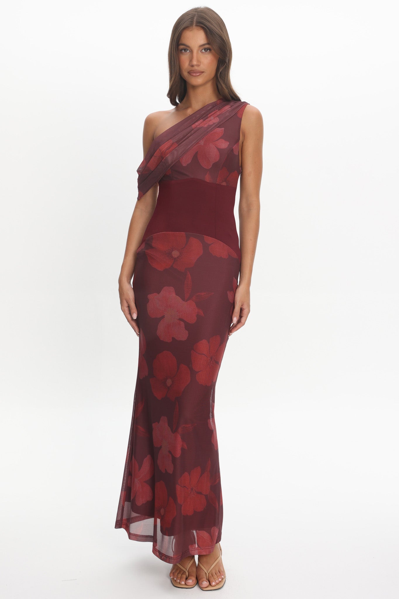 Milos Asymmetric Neckline Maxi Dress Floral Grape by Selfie Leslie