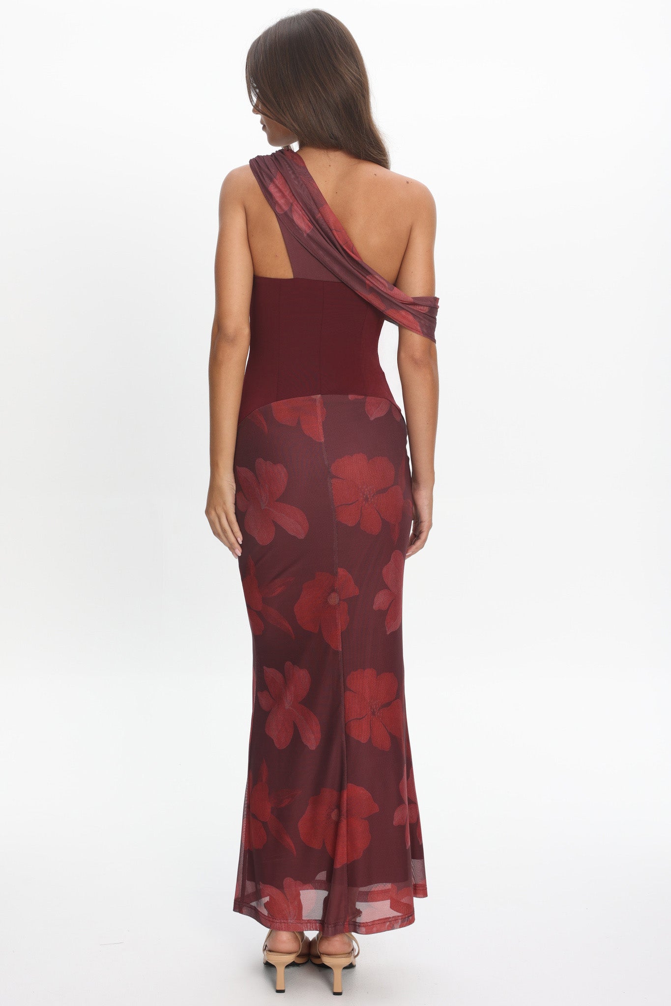 Milos Asymmetric Neckline Maxi Dress Floral Grape by Selfie Leslie