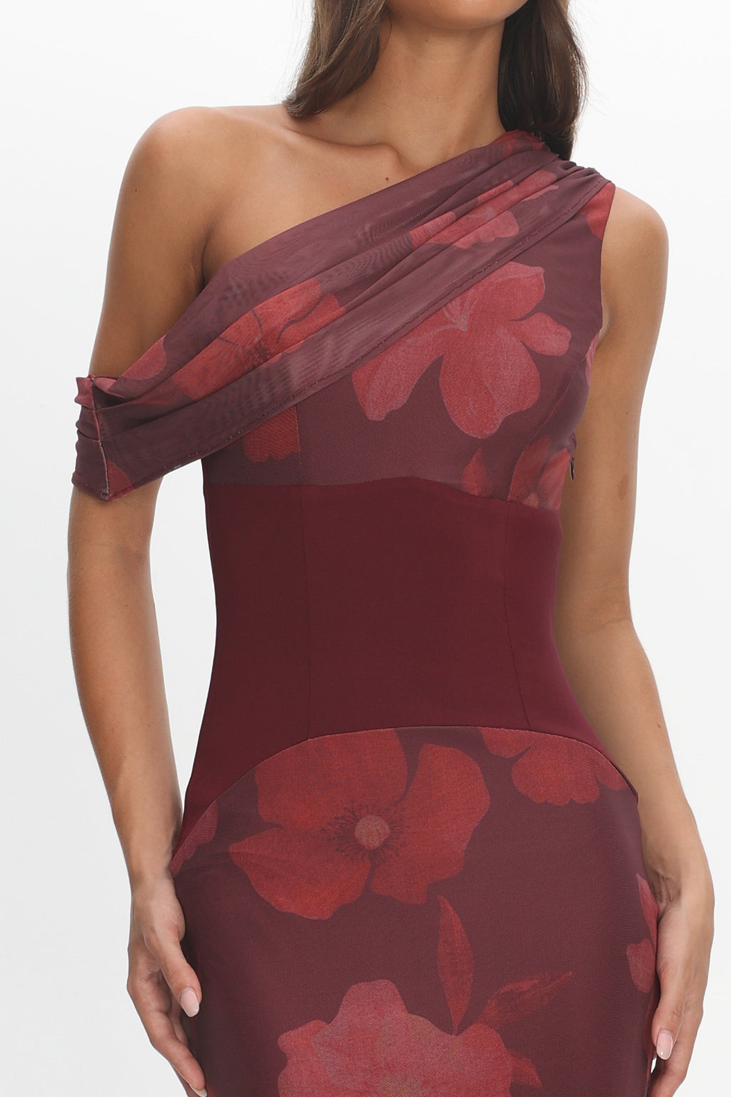 Milos Asymmetric Neckline Maxi Dress Floral Grape by Selfie Leslie