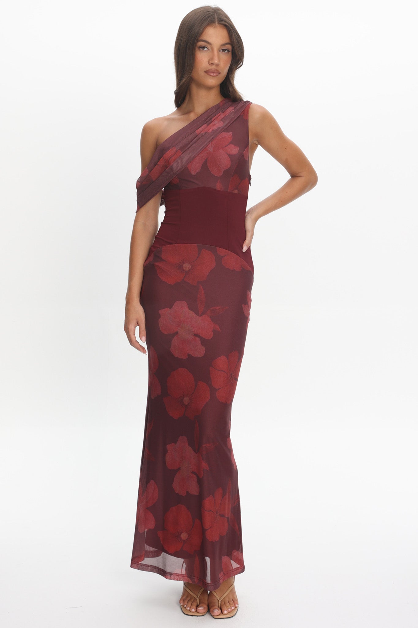 Milos Asymmetric Neckline Maxi Dress Floral Grape by Selfie Leslie