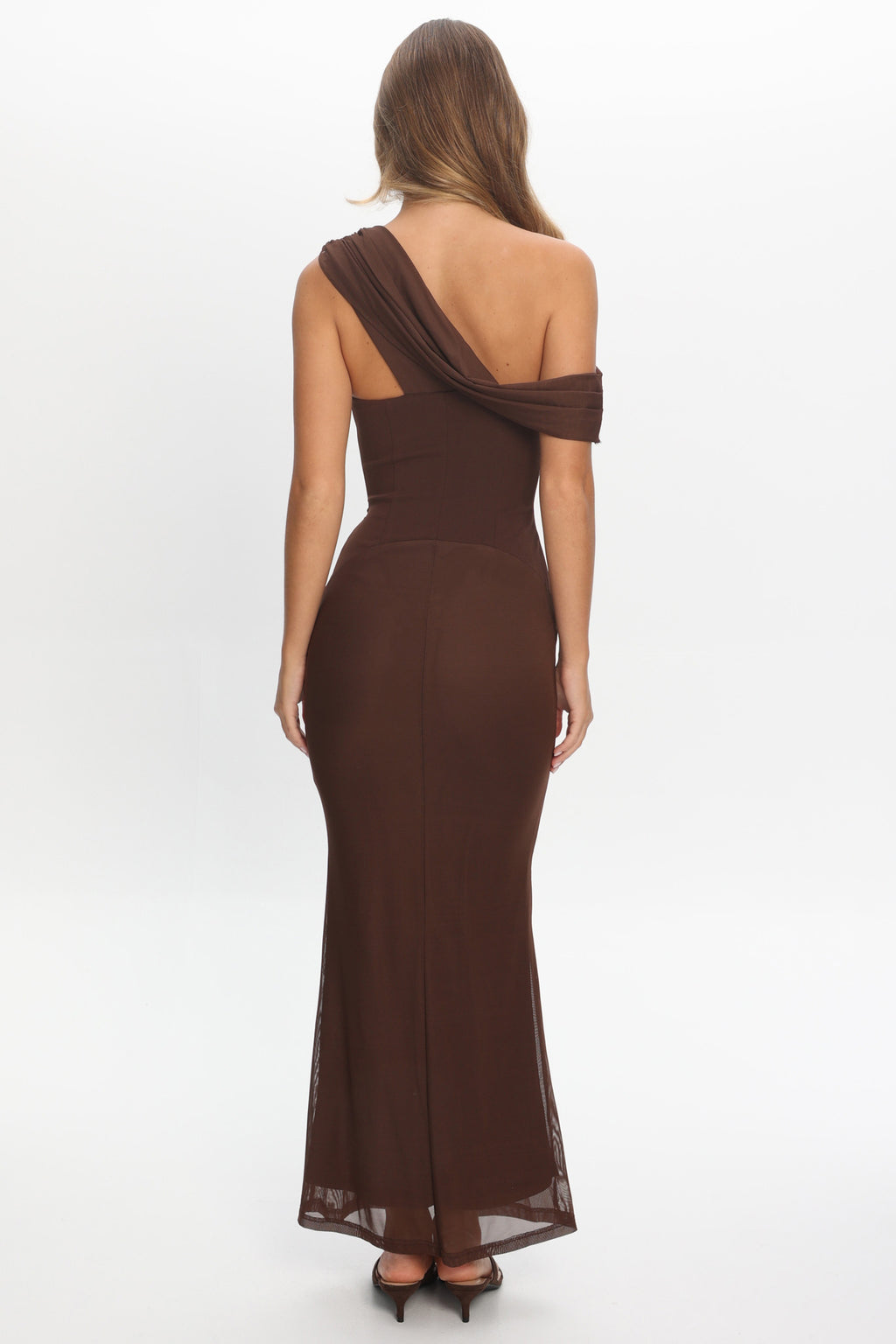 Milos Asymmetric Neckline Maxi Dress Chocolate