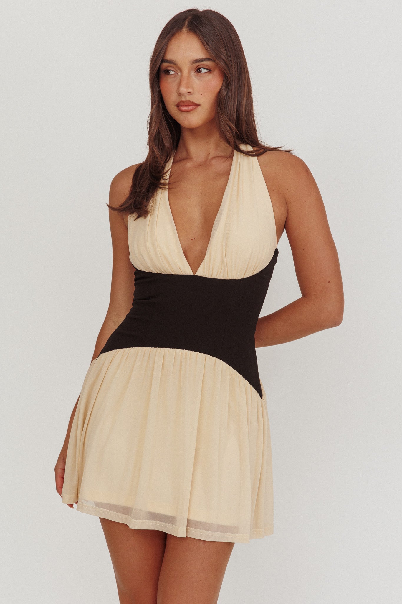 Milos Contrast Halter Mini Dress Cream by Selfie Leslie