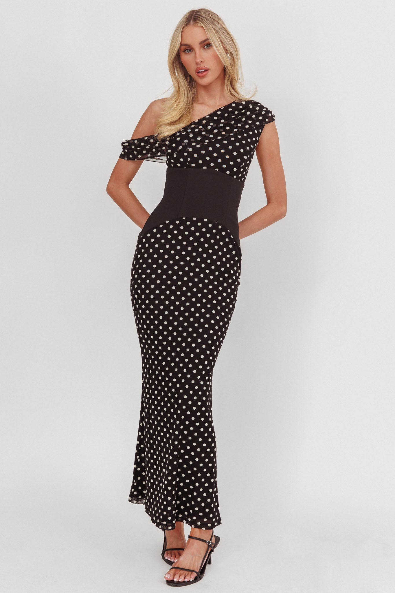 Milos Asymmetric Neckline Maxi Dress Black Dot by Selfie Leslie
