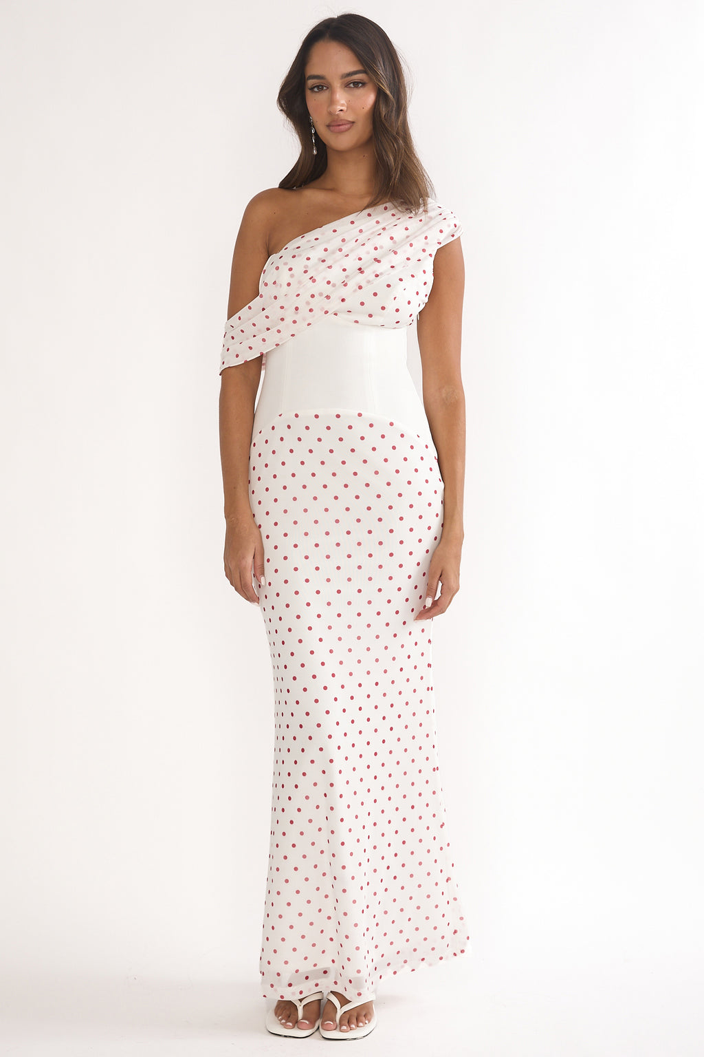 Milos Asymmetric Neckline Maxi Dress Polka Dot Red