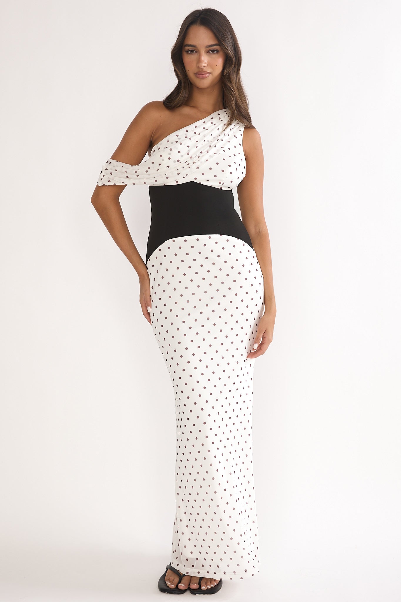 Milos Asymmetric Neckline Maxi Dress Polka Dot Brown by Selfie Leslie