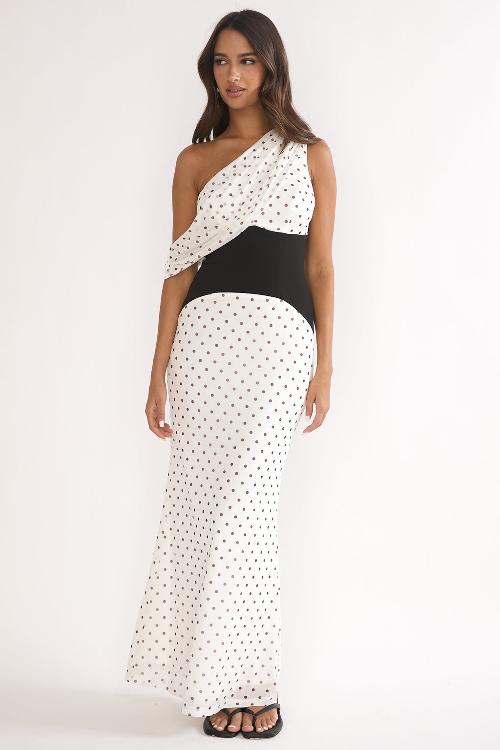 Milos Asymmetric Neckline Maxi Dress Polka Dot Brown by Selfie Leslie