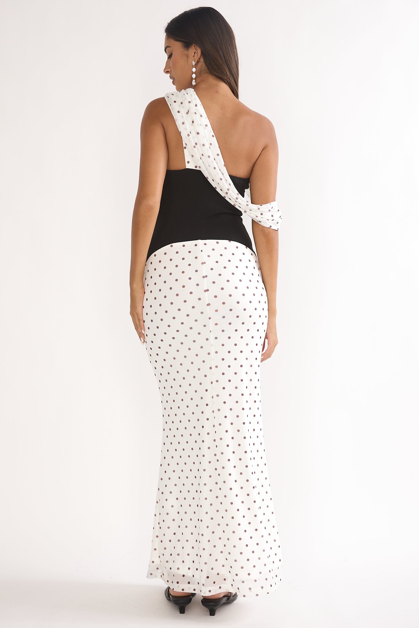 Milos Asymmetric Neckline Maxi Dress Polka Dot Brown by Selfie Leslie