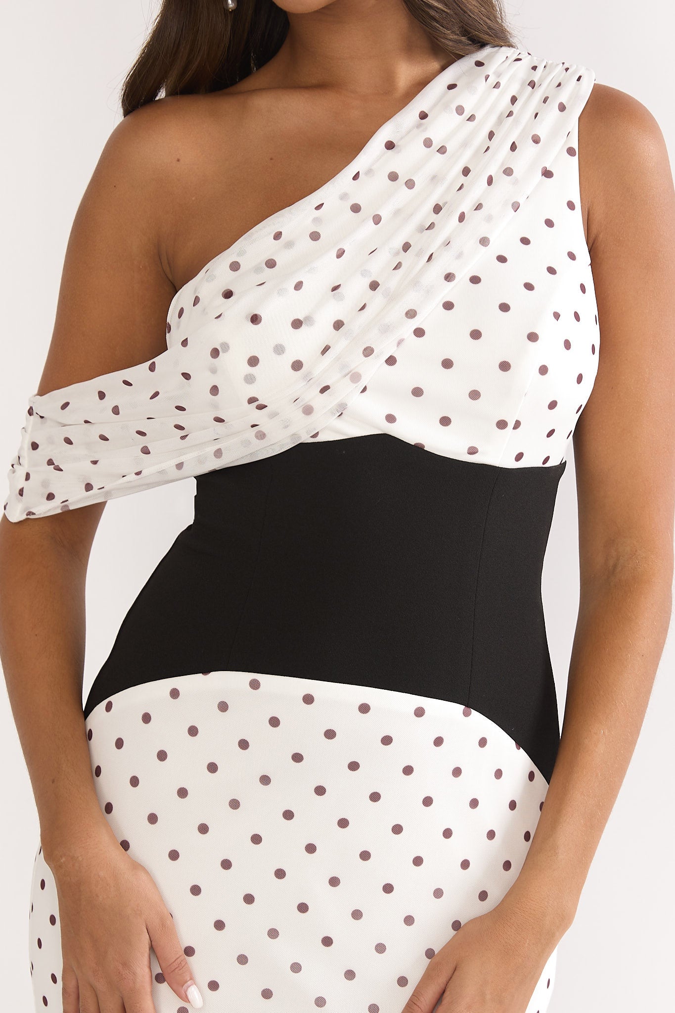 Milos Asymmetric Neckline Maxi Dress Polka Dot Brown by Selfie Leslie