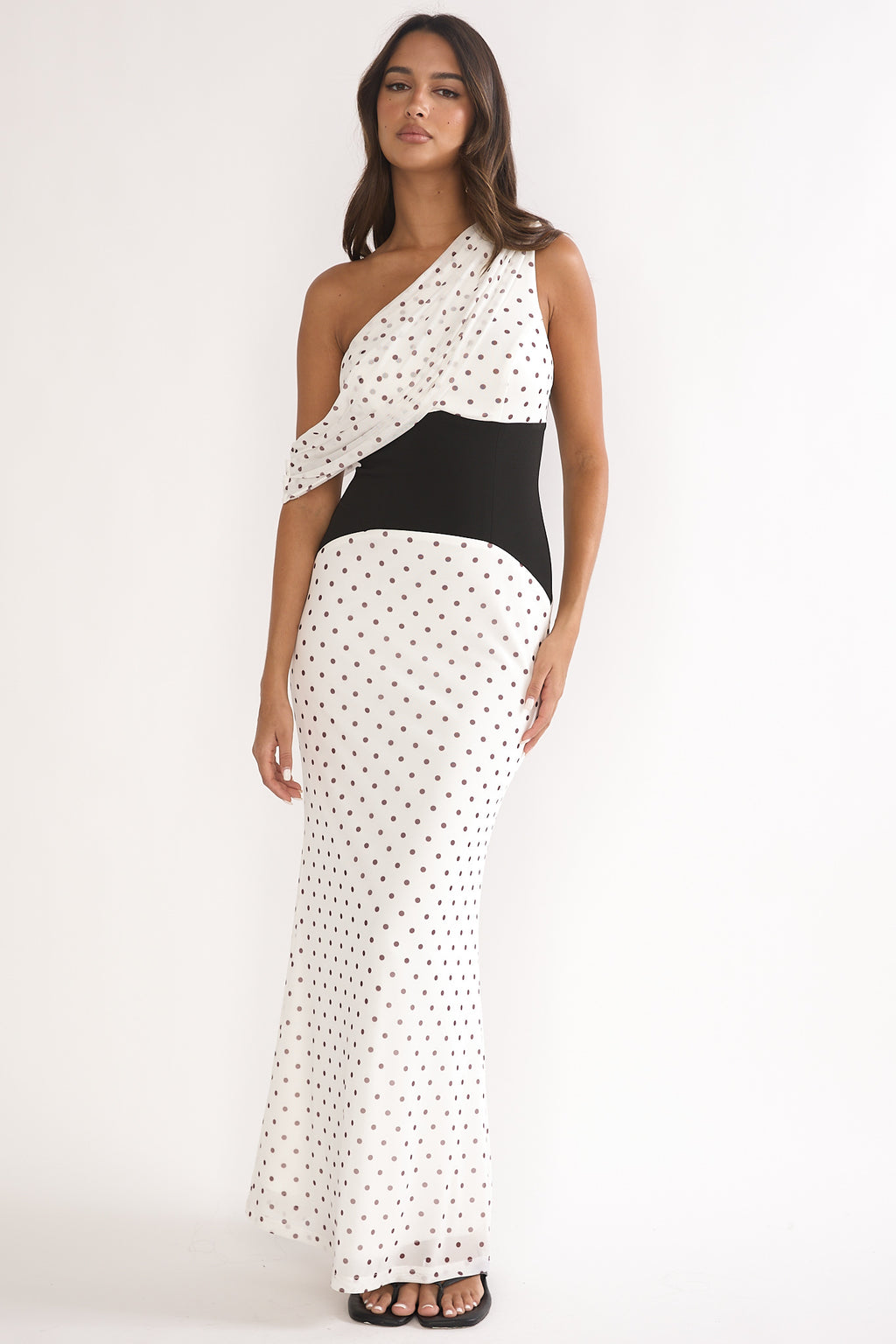 Milos Asymmetric Neckline Maxi Dress Polka Dot Brown by Selfie Leslie