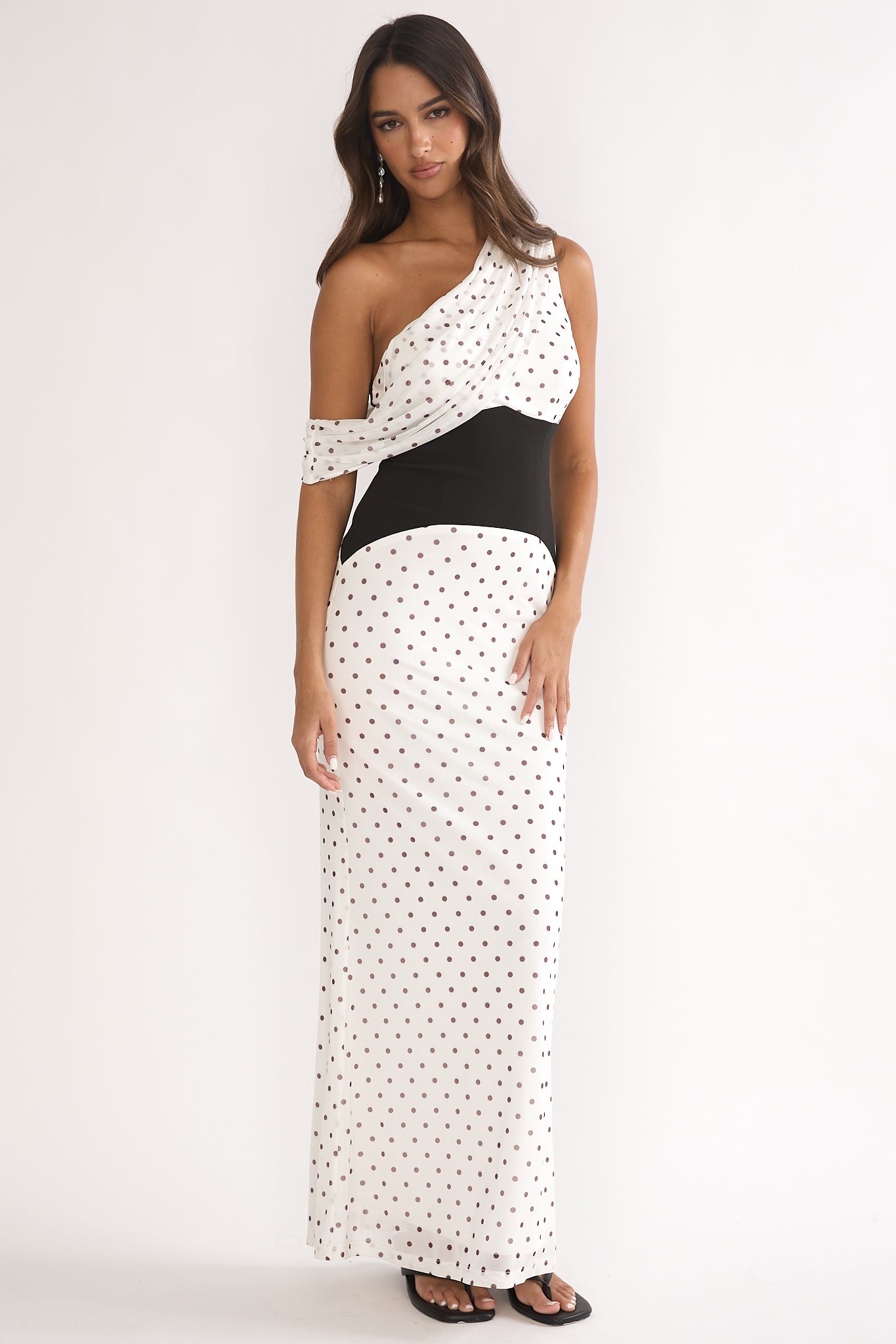 Milos Asymmetric Neckline Maxi Dress Polka Dot Brown by Selfie Leslie