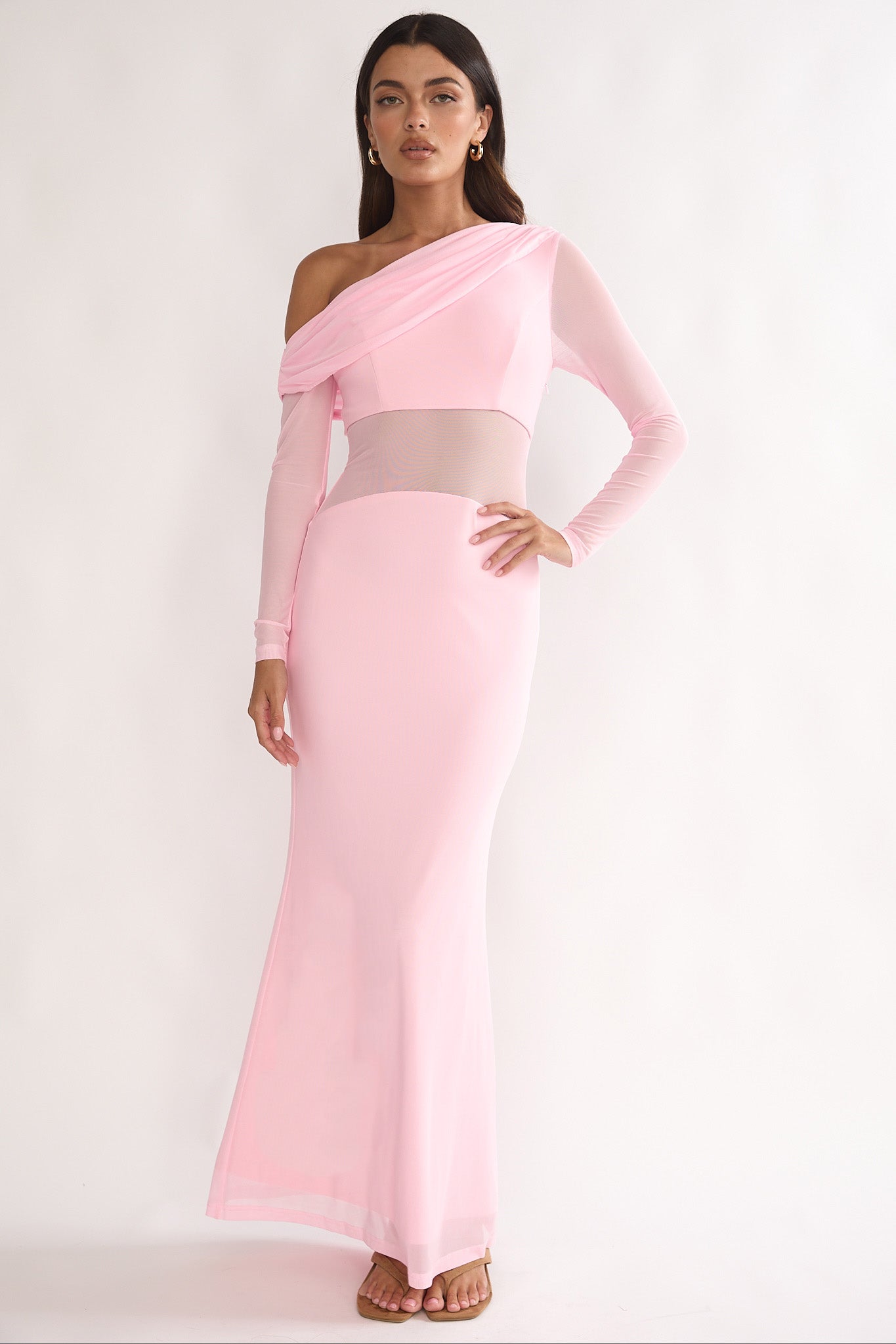 Milos Asymmetric Neckline Long Sleeve Maxi Dress Pink by Selfie Leslie