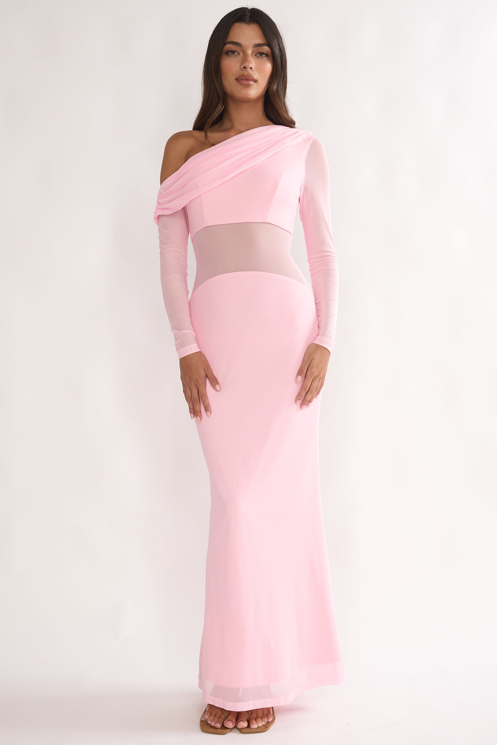 Milos Asymmetric Neckline Long Sleeve Maxi Dress Pink by Selfie Leslie
