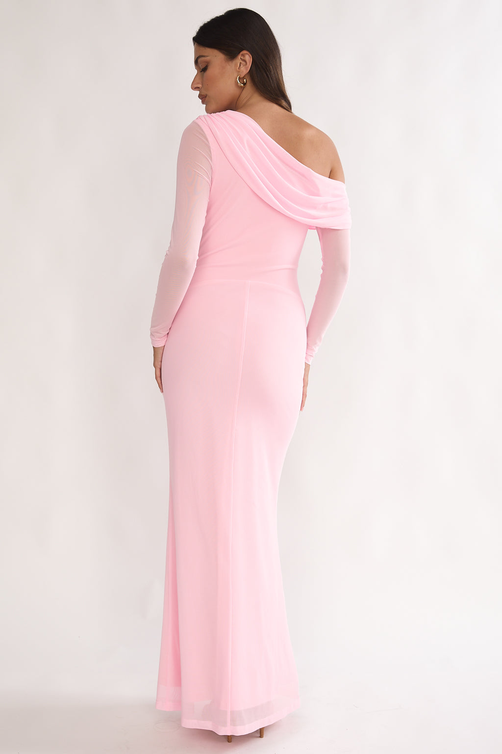 Milos Asymmetric Neckline Long Sleeve Maxi Dress Pink by Selfie Leslie