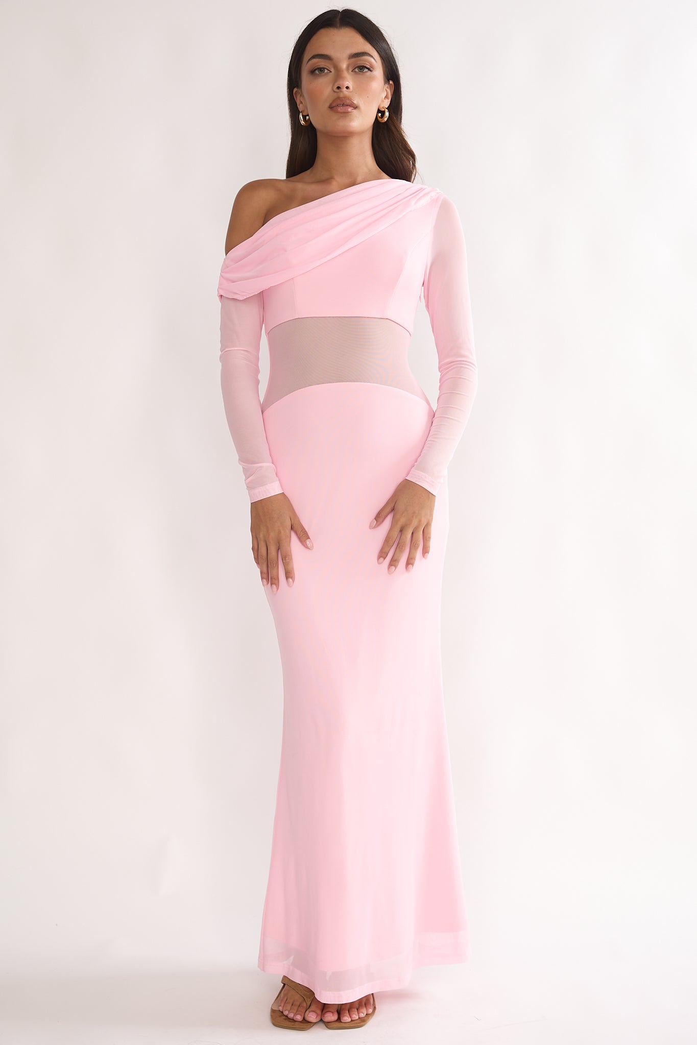 Milos Asymmetric Neckline Long Sleeve Maxi Dress Pink by Selfie Leslie