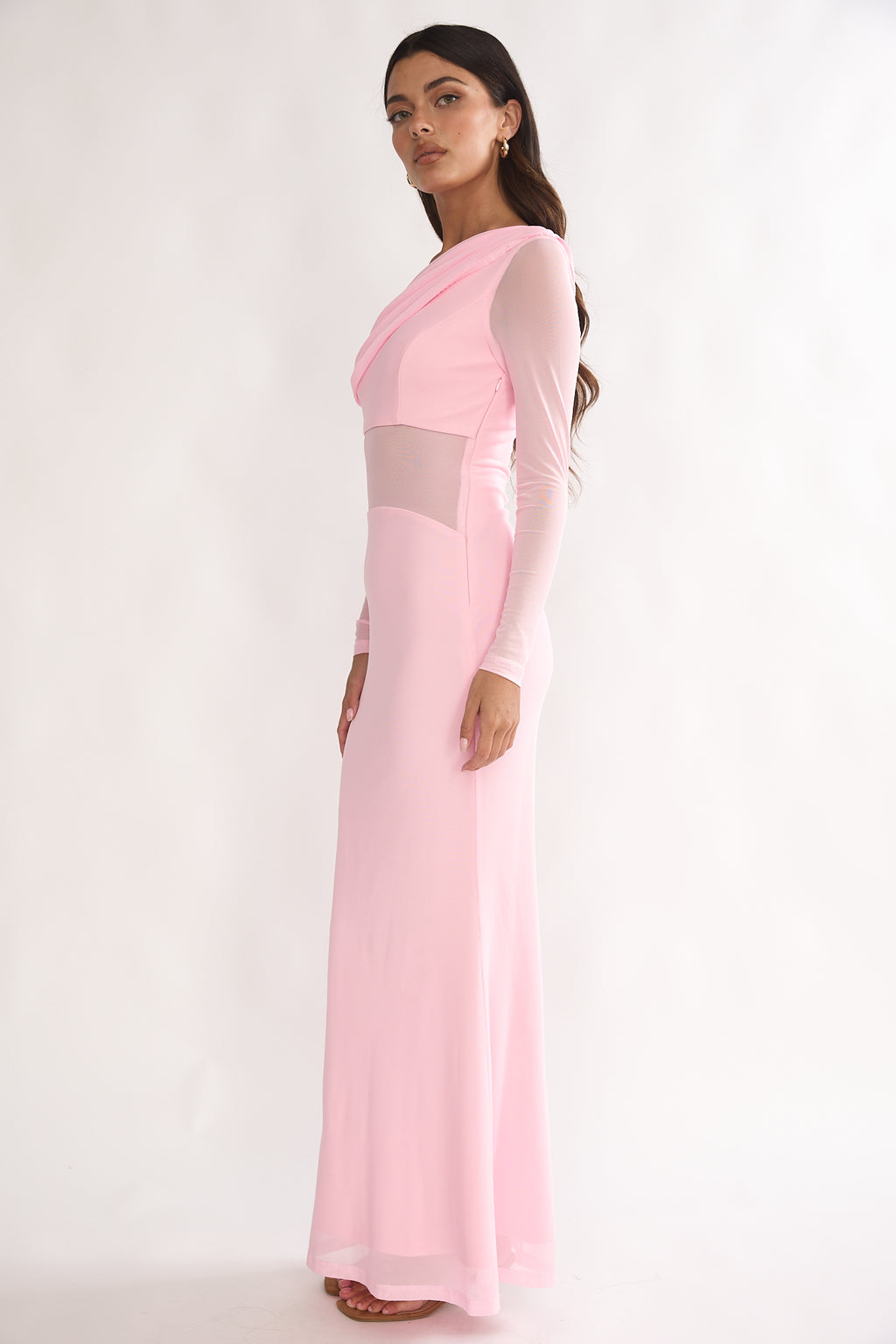 Milos Asymmetric Neckline Long Sleeve Maxi Dress Pink by Selfie Leslie