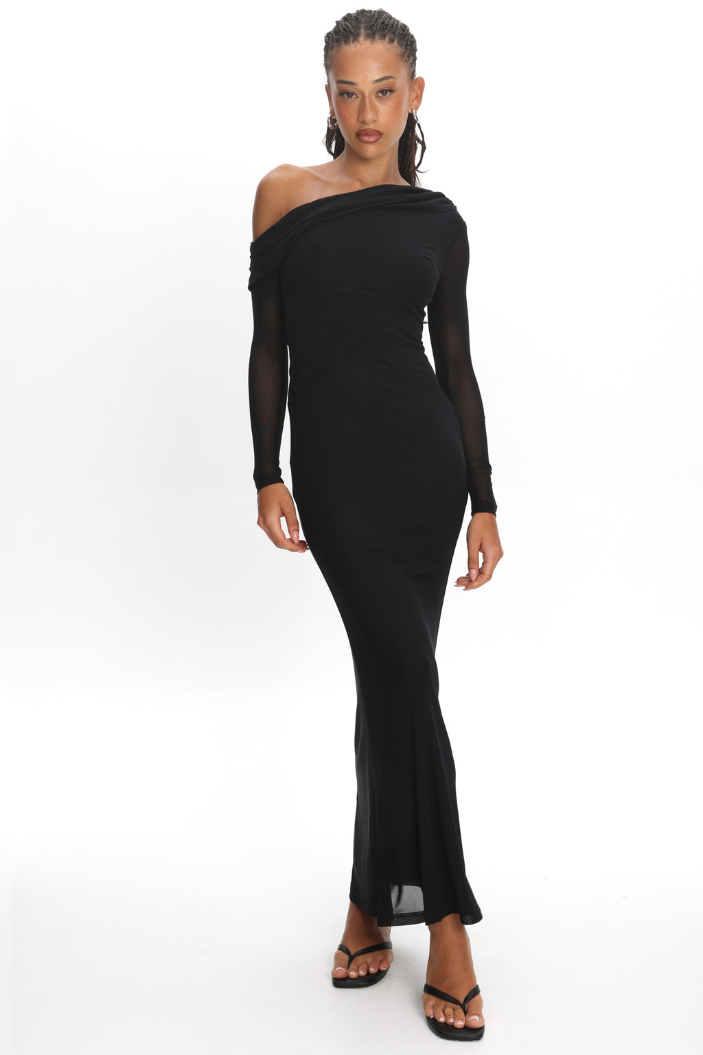 Milos Asymmetric Neckline Long Sleeve Maxi Dress Black