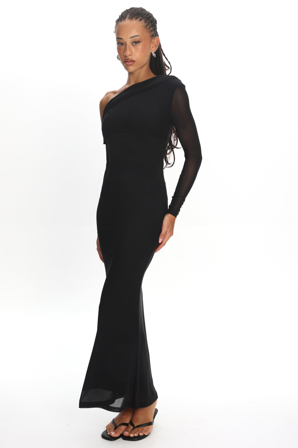 Milos Asymmetric Neckline Long Sleeve Maxi Dress Black