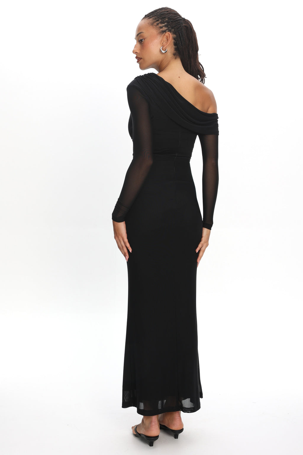 Milos Asymmetric Neckline Long Sleeve Maxi Dress Black
