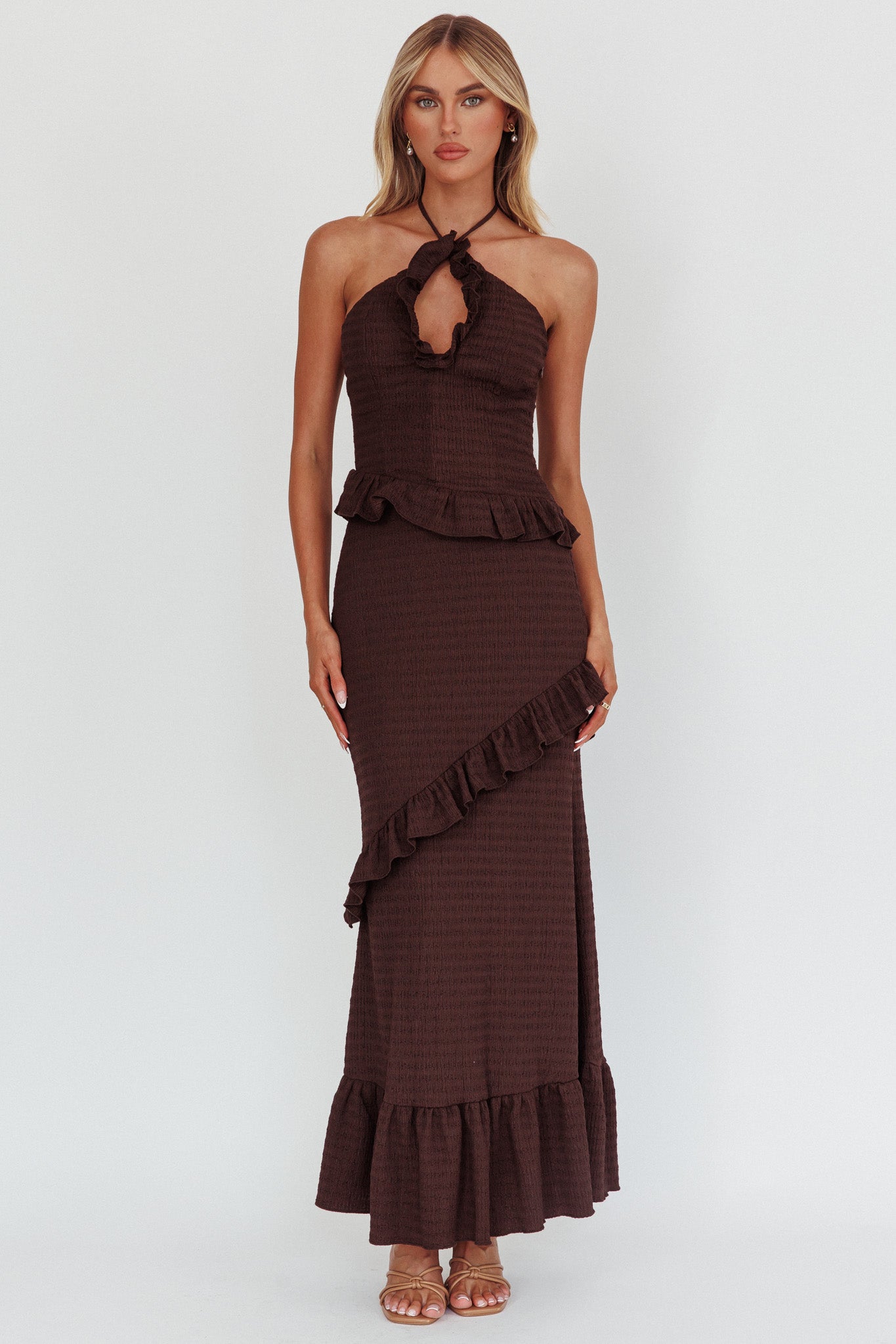 Shop the Clemence Smocked Frill Trim Maxi Dress Chocolate
