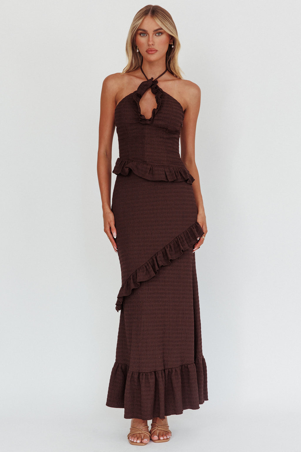 Clemence Smocked Frill Trim Maxi Dress Chocolate by Selfie Leslie