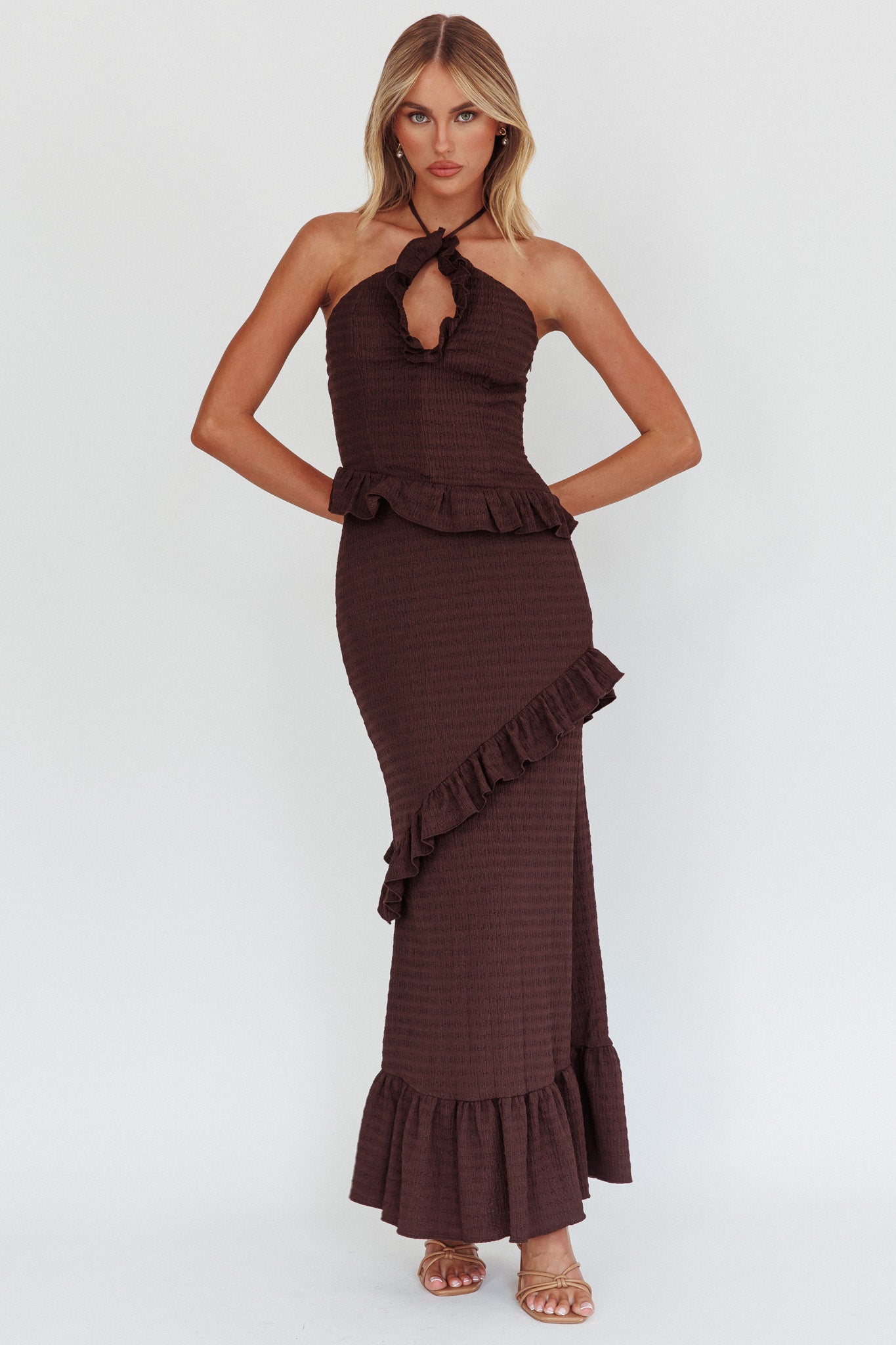 Clemence Smocked Frill Trim Maxi Dress Chocolate | Selfie Leslie