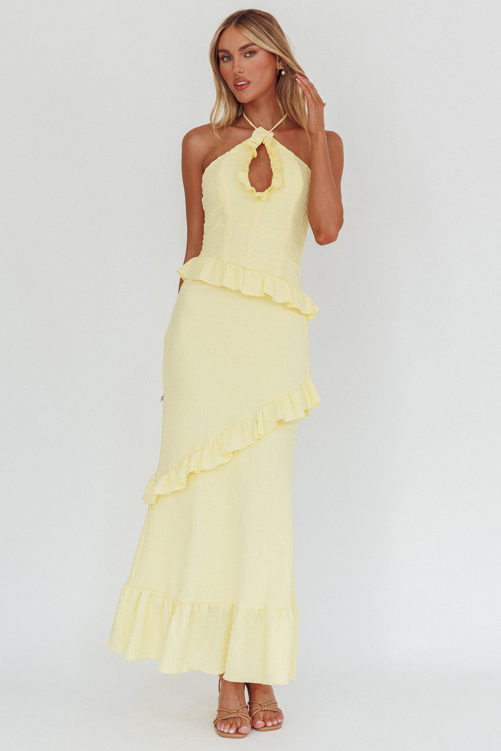 Clemence Smocked Frill Trim Maxi Dress Lemon by Selfie Leslie