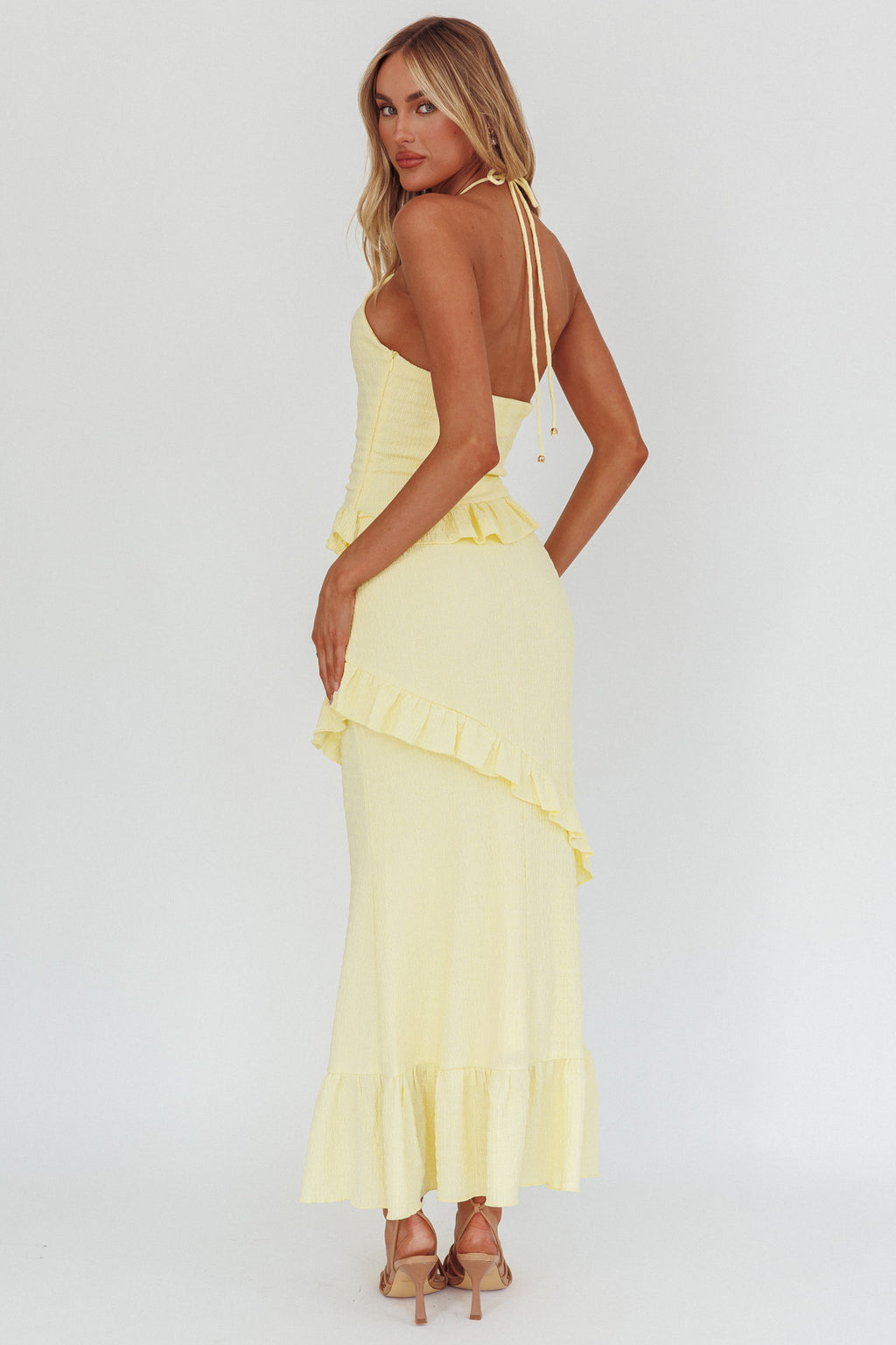 Clemence Smocked Frill Trim Maxi Dress Lemon by Selfie Leslie