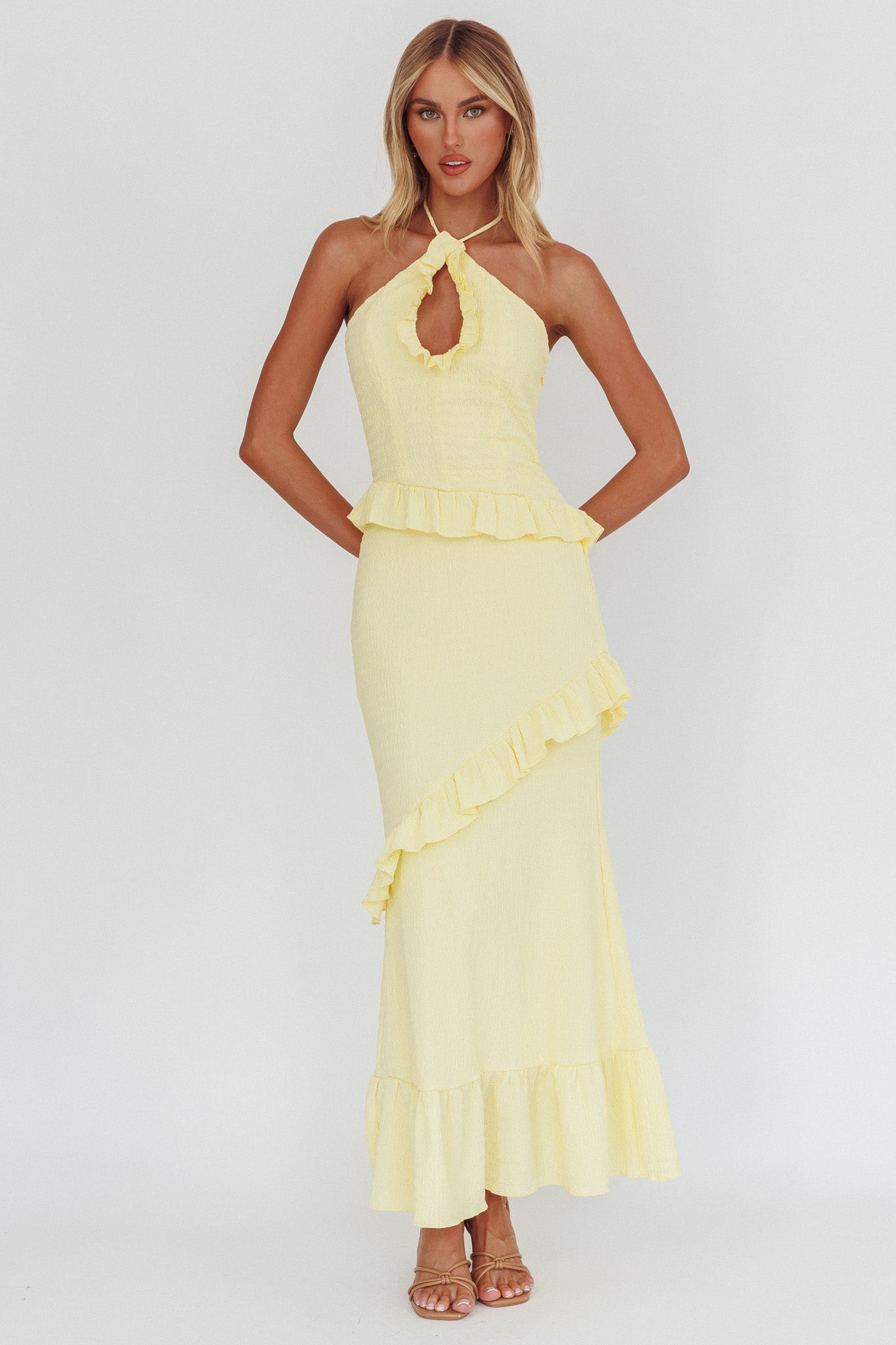 Clemence Smocked Frill Trim Maxi Dress Lemon | Selfie Leslie