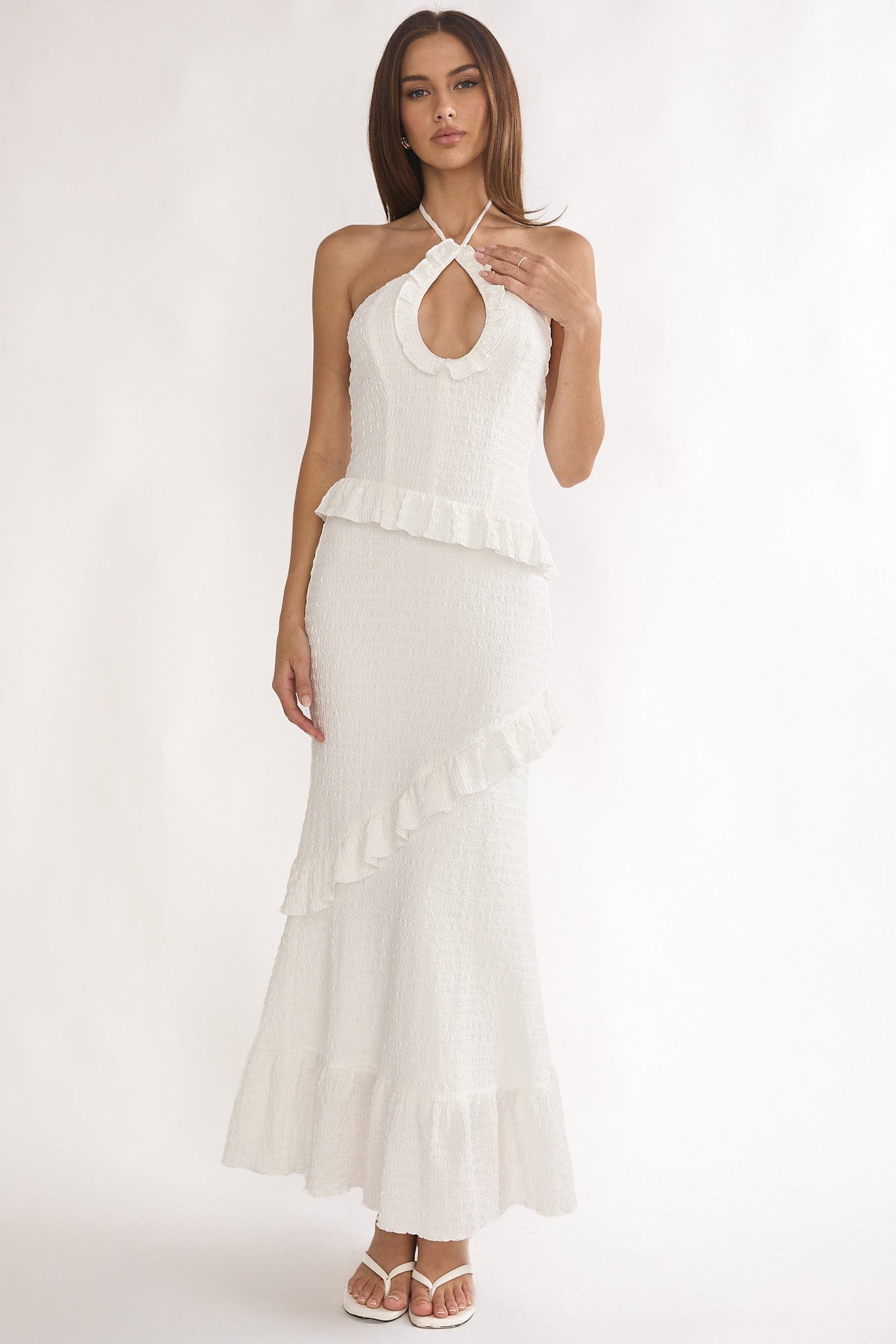 Clemence Smocked Frill Trim Maxi Dress White | Selfie Leslie