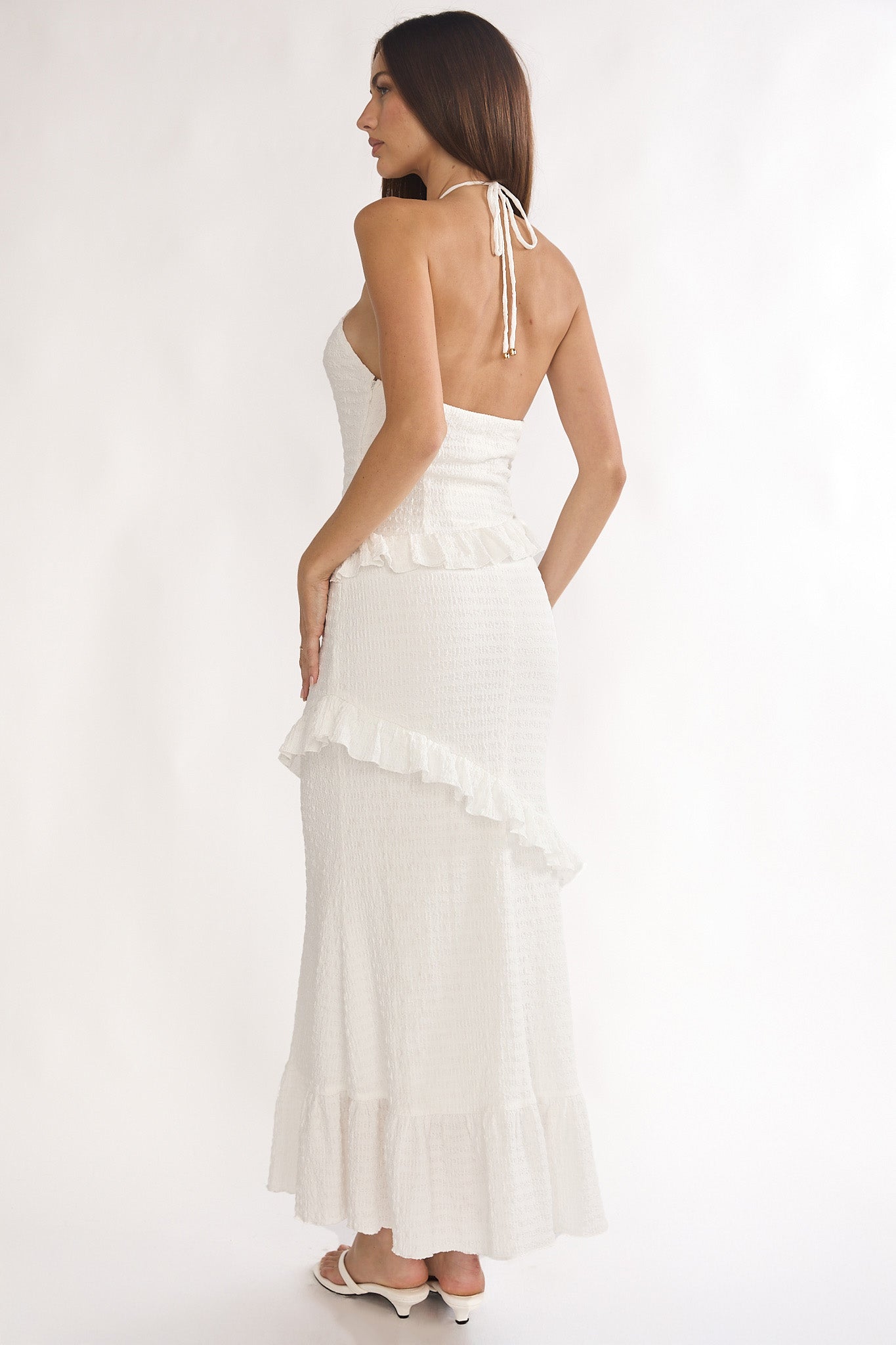 Clemence Smocked Frill Trim Maxi Dress White | Selfie Leslie