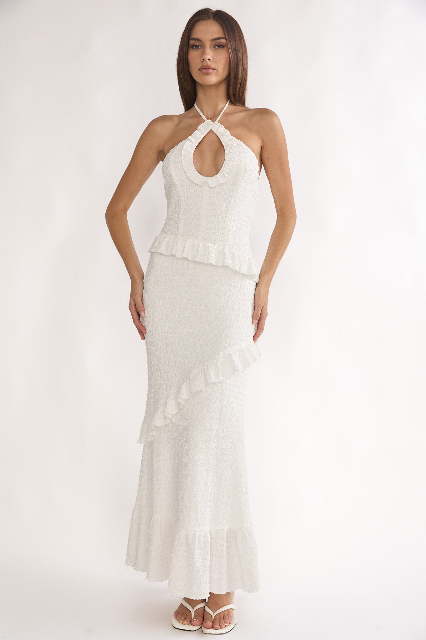 Clemence Smocked Frill Trim Maxi Dress White– Selfie Leslie