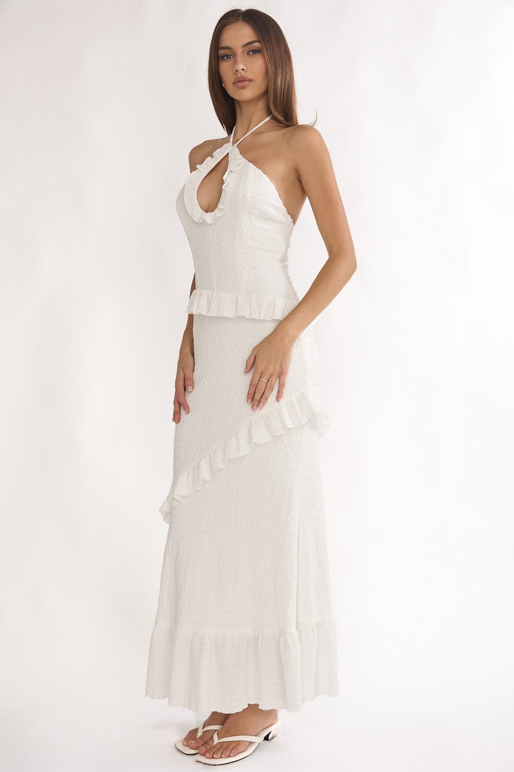 Clemence Smocked Frill Trim Maxi Dress White by Selfie Leslie
