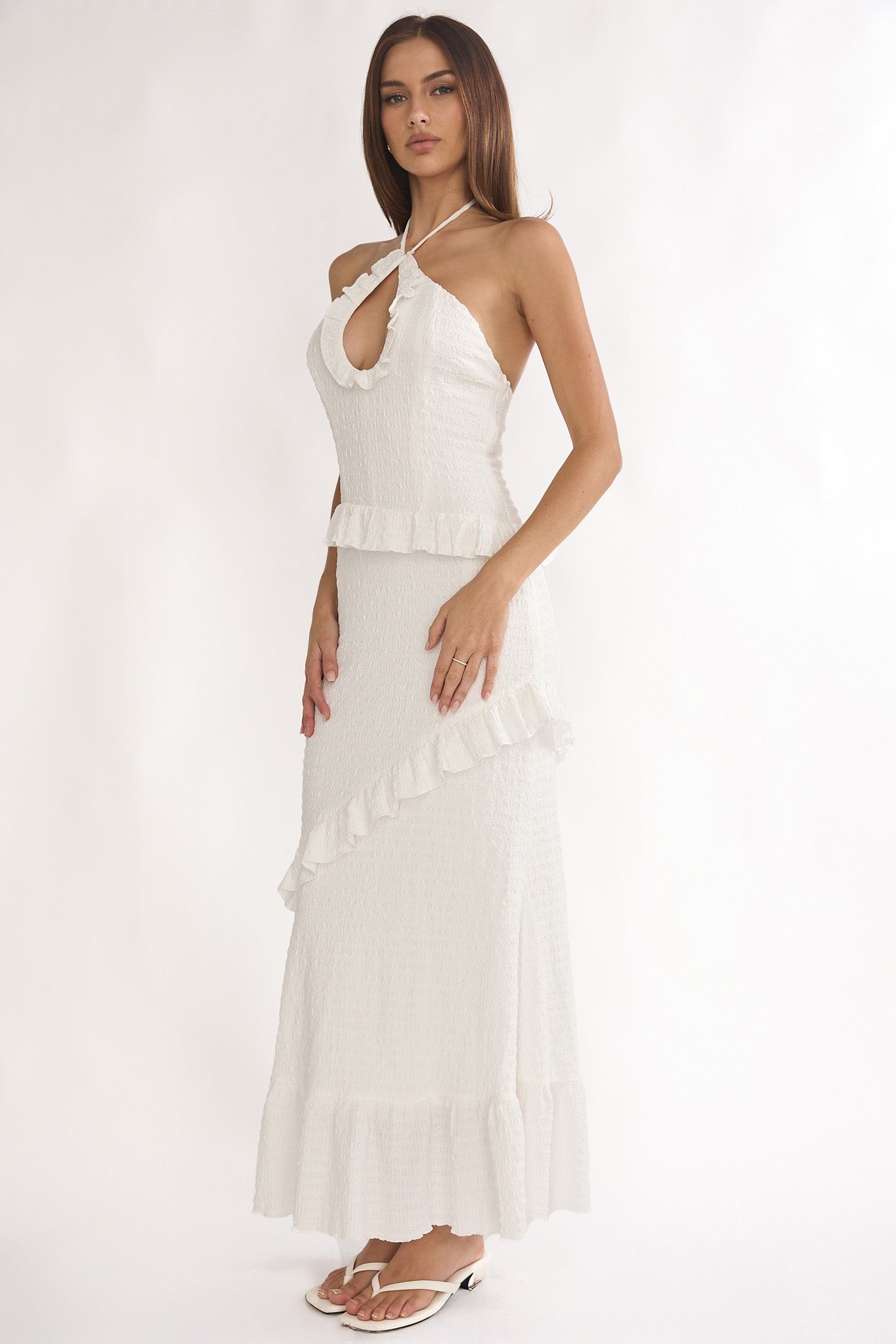 Clemence Smocked Frill Trim Maxi Dress White by Selfie Leslie