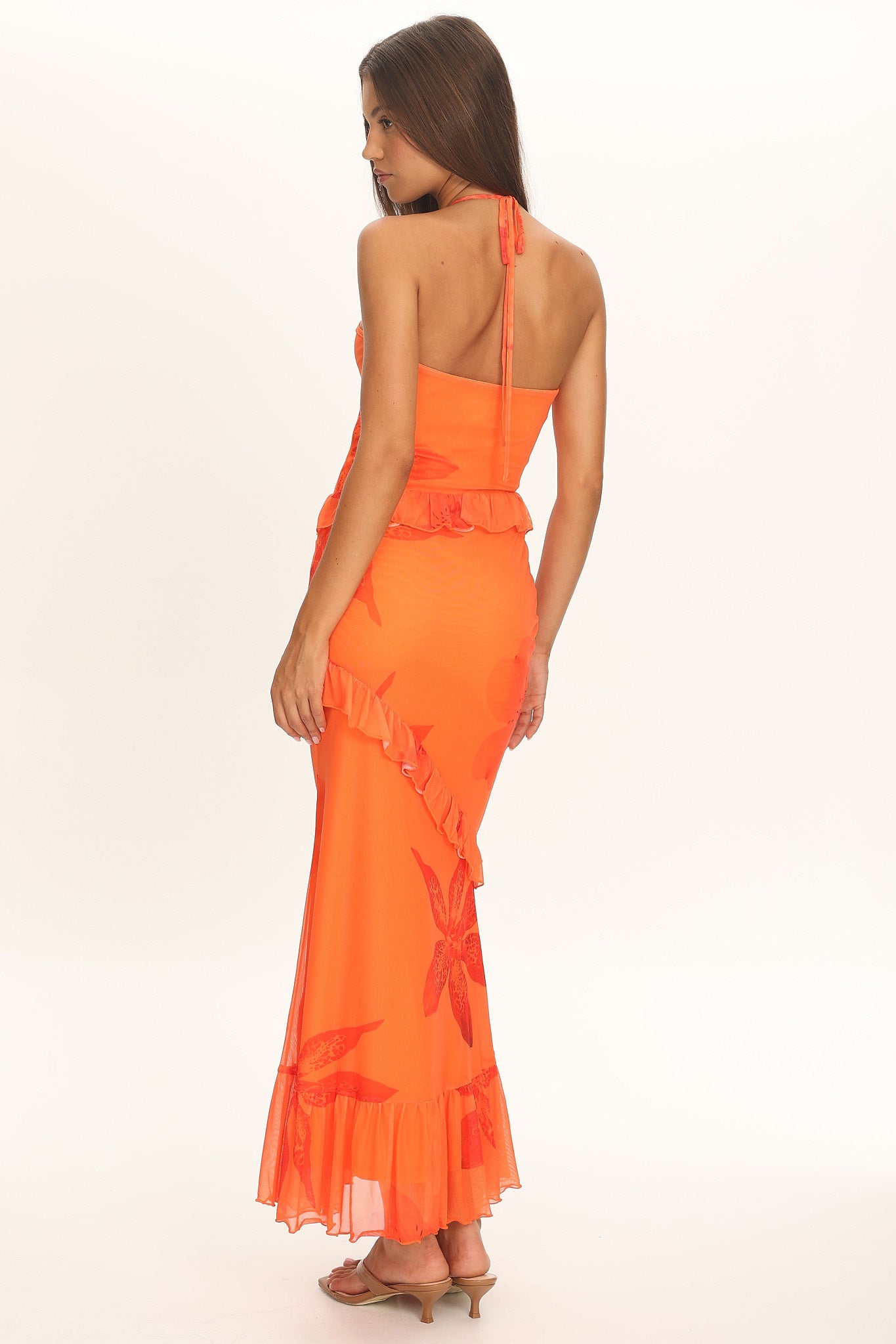 Clemence Mesh Overlay Frill Trim Maxi Dress Floral Orange | Selfie