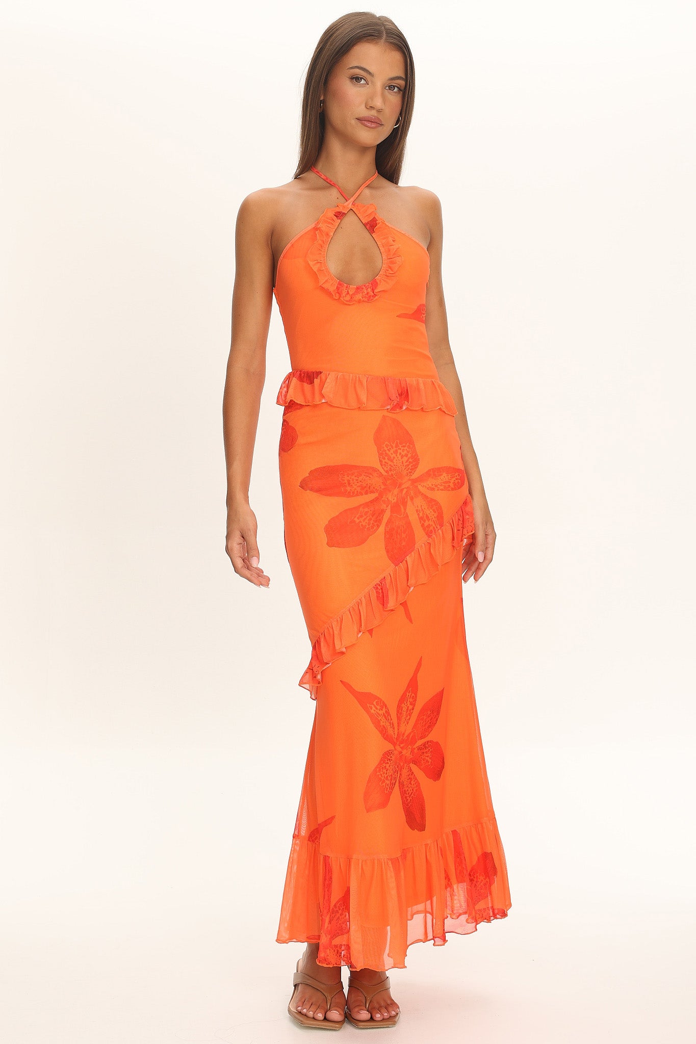 Clemence Mesh Overlay Frill Trim Maxi Dress Floral Orange | Selfie