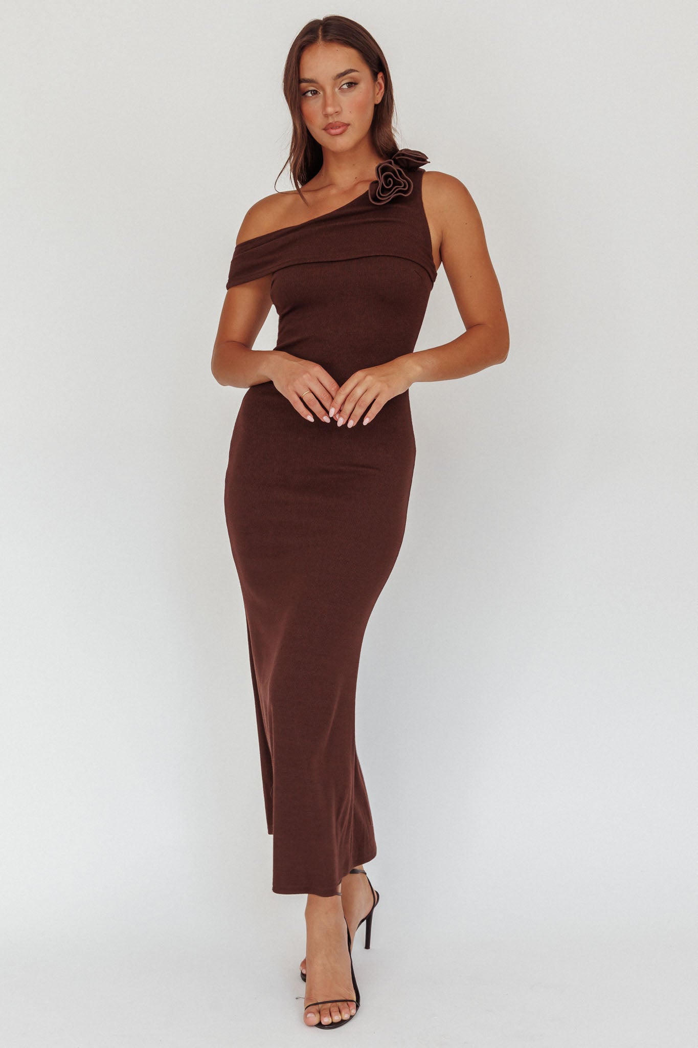 Mazon One-Shoulder Knit Maxi Dress Chocolate by Selfie Leslie