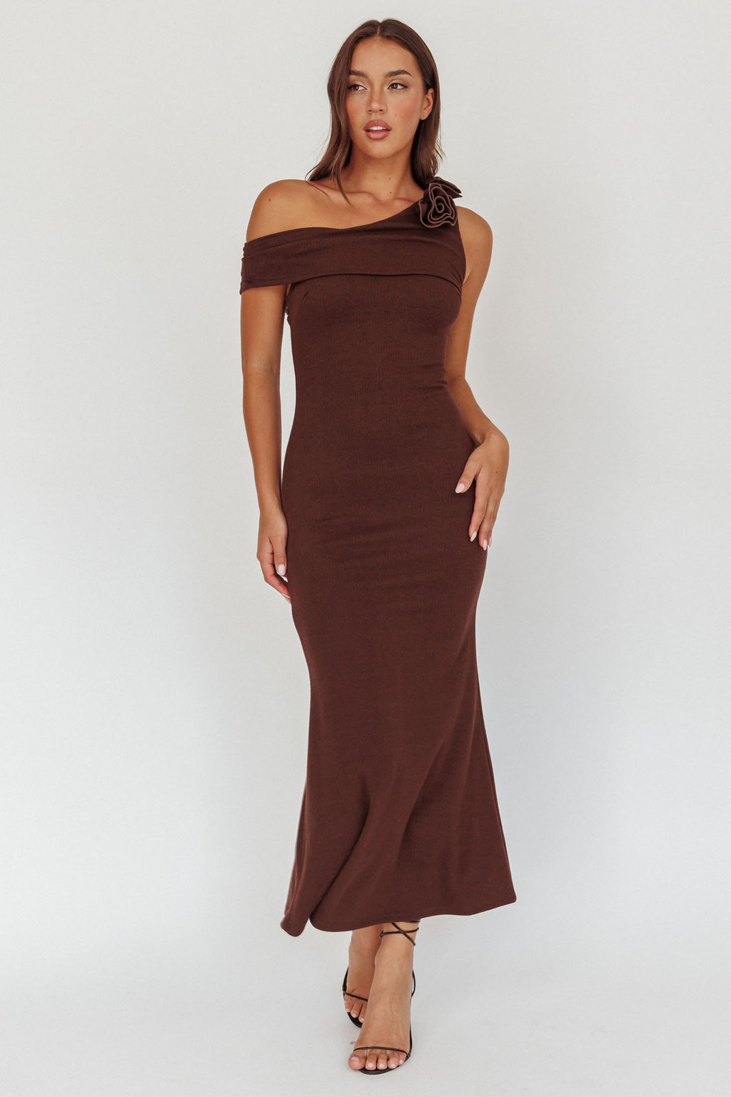 Mazon One-Shoulder Knit Maxi Dress Chocolate by Selfie Leslie